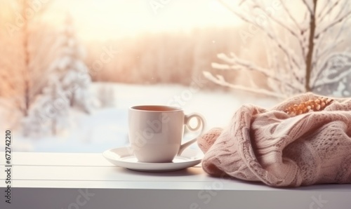 Cozy warm winter composition with cup of hot coffee or chocolate