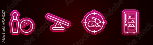 Set line Bowling pin and ball, Seesaw, Hunt on rabbit with crosshairs and Vending machine. Glowing neon icon. Vector