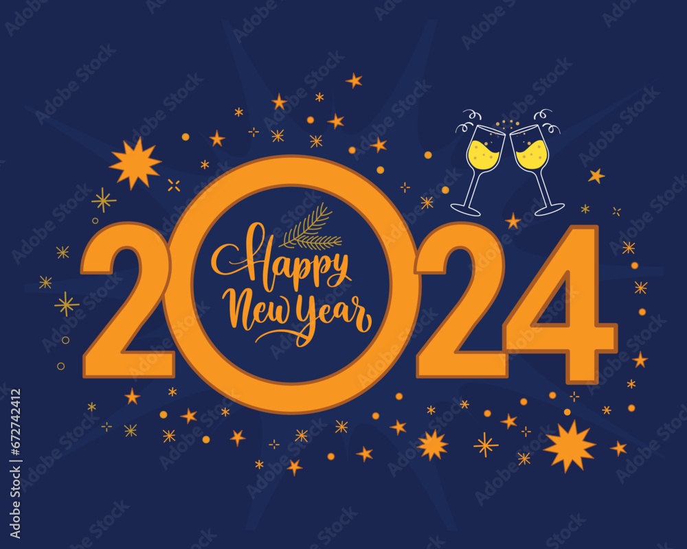 Two glasses of champagne on the 2024 background Cheers to 2024 Happy New Year celebration.