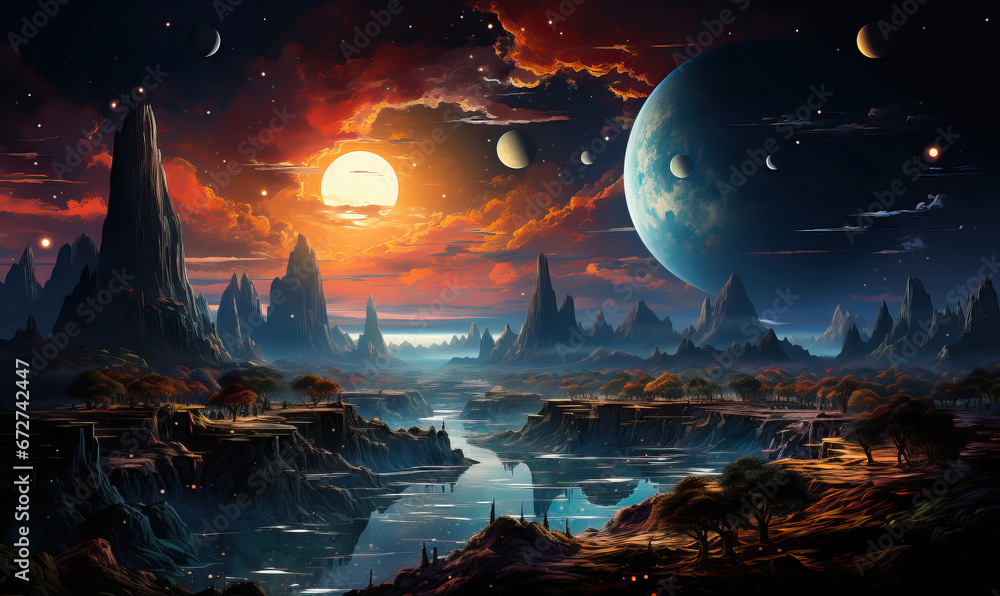Fantastic night landscape of an unknown planet.
