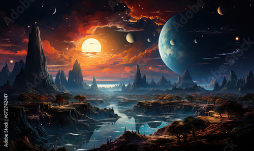 Fantastic night landscape of an unknown planet. © Andreas