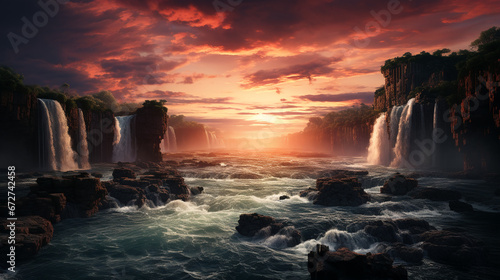 breathtaking landscape with waterfall in the mountains background 16:9 widescreen backdrop wallpapers © elementalicious