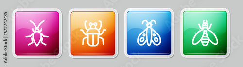 Set line Cockroach, Stink bug, Butterfly and Bee. Colorful square button. Vector