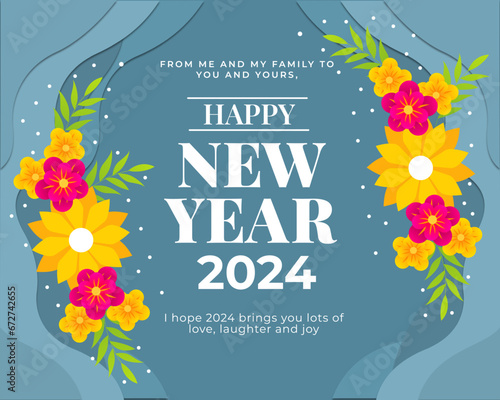Happy new year 2024 celebration and decoration with colorful flowers 2024 new year banner, flyer, greeting card and media post template