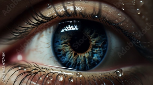 Close-up of an eye, tears, copy space, 16:9 photo