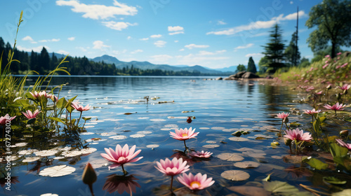 breathtaking landscape with pond with water lily background 16:9 widescreen backdrop wallpapers