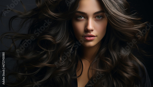 Black hair shiny wave concept background. beauty Extreme close up beauty portrait of beautiful young woman. Advertisement hair product concept.