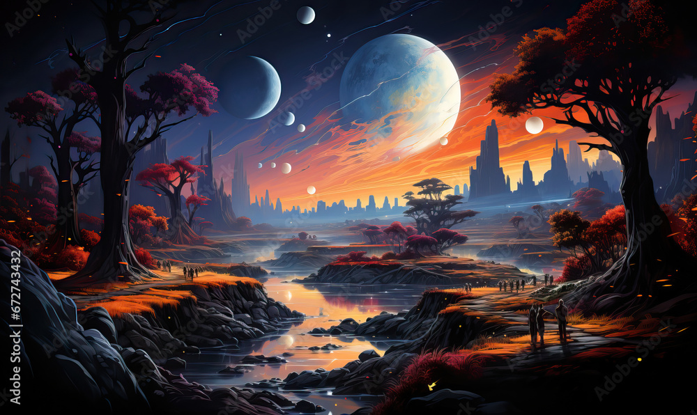 Fantastic night landscape of an unknown planet.