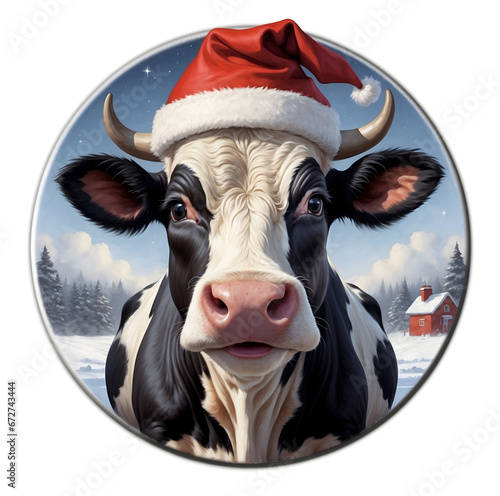 cow with santa hat on round logo