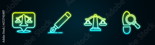 Set line Scales of justice, Fountain pen nib, and Footsteps. Glowing neon icon. Vector photo