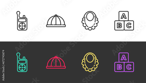Set line Baby Monitor Walkie Talkie, hat, bib and ABC blocks on black and white. Vector