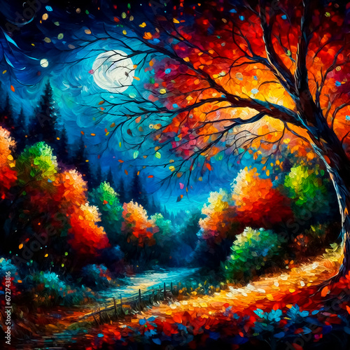 beautiful landscape with full moon in the style of abstract art and impressionist art in full color