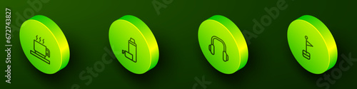 Set Isometric line Hot chocolate cup, Thermos container, Winter headphones and Location marker icon. Vector