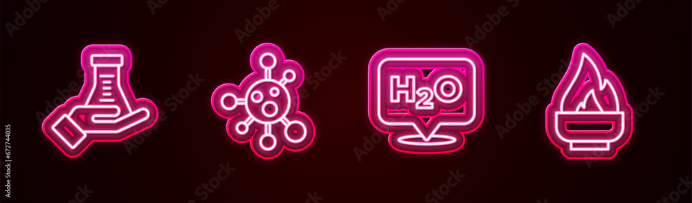 Set line Test tube and flask, Molecule, Chemical formula for H2O and Alcohol spirit burner. Glowing neon icon. Vector Set line Test tube and flask, Molecule, Chemical formula for H2O and Alcohol spirit burner. Glowing neon icon. Vector