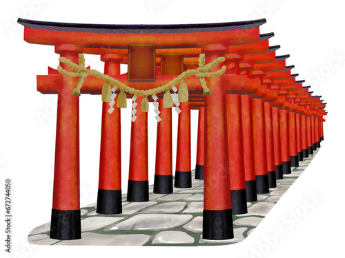 水彩で描いた千本鳥居　鳥居　神社　神社の境内の入口　リアルタッチな手描きイラスト　ベクターイラスト