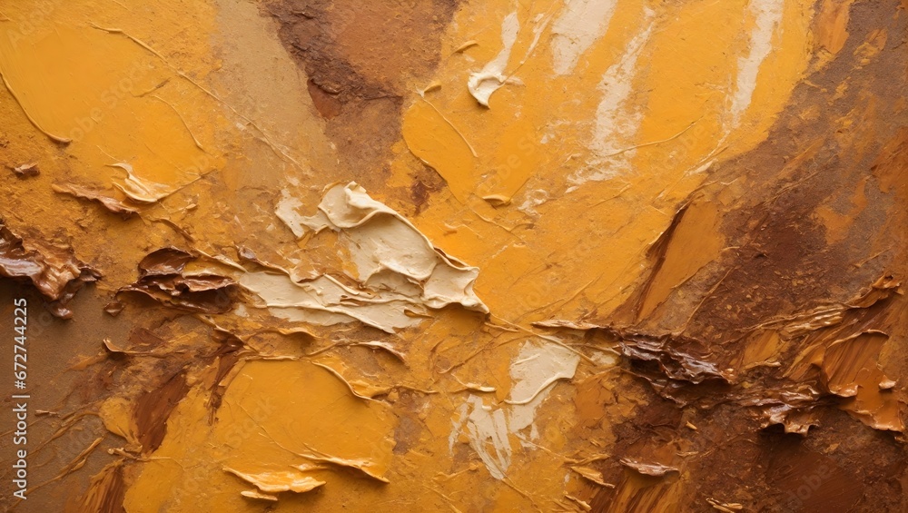 Closeup of abstract abstract yellow, brown, golden earth tones texture background. colorful texture background.. Oil, acrylic brushstroke, pallet knife paint on canvas (Generative Ai)