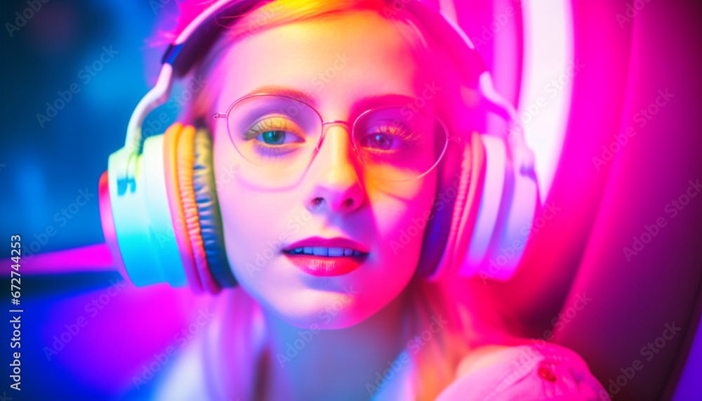 Cute girl enjoying music with bright blue headphones at nightclub generated by AI