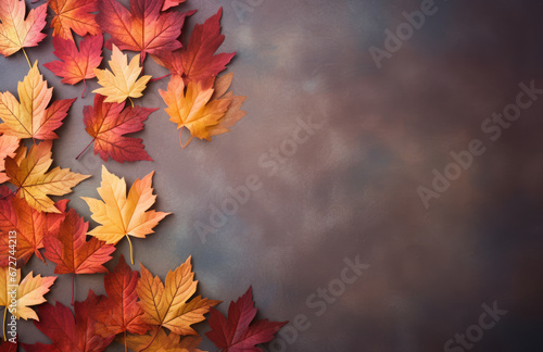 Fall leaf background on blurry, natural background with colorful shades. Copy/blank space for text.