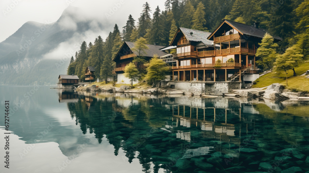 Beautiful houses on the lake created with Generative AI technology