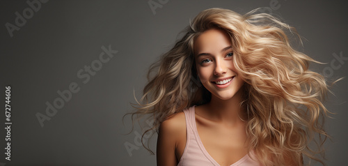 Blond hair advertisement model. Beautiful young well-groomed girl. close-up. Long light shiny healthy well-groomed long hair. Advertising of hair care, cosmetics, beauty. Makeup Copy space