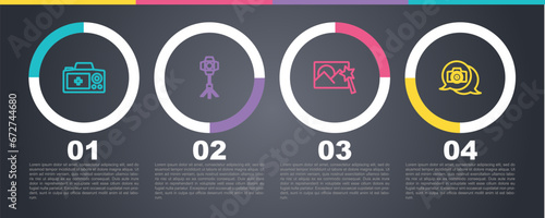Set line Photo camera, Softbox light, retouching and . Business infographic template. Vector