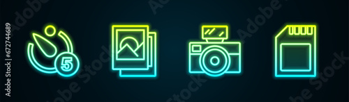 Set line Camera timer, Photo frame, camera with flash and SD card. Glowing neon icon. Vector
