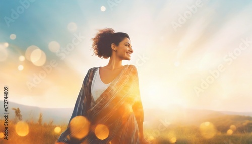 Young woman relaxing outdoor at summer sunset sky