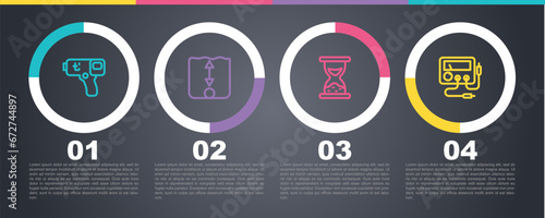 Set line Digital thermometer, Depth measurement, Old hourglass with sand and Multimeter, voltmeter. Business infographic template. Vector