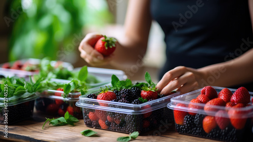 person holding a plastic container full with strawberries Generative Ai