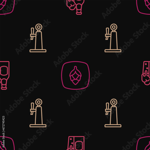 Set line Beer bottle and glass, tap and Hop on seamless pattern. Vector