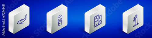 Set Isometric line Dried fish, Glass of beer, Beer can and tap icon. Vector