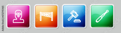Set line Thief mask, Crime scene, Judge gavel and Telescopic baton. Colorful square button. Vector
