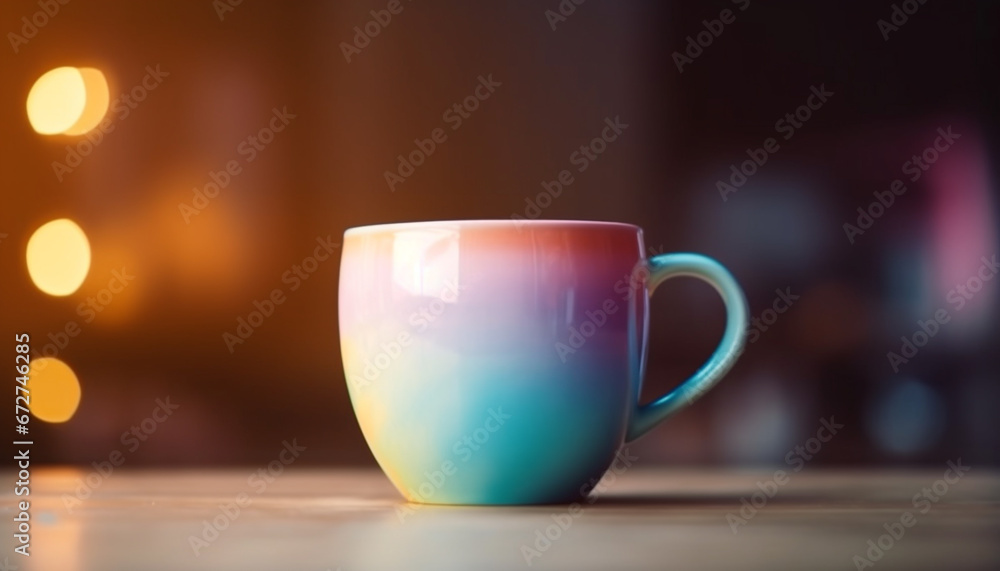 Hot drink on rustic table, close up of steaming coffee mug generated by AI Hot drink on rustic table, close up of steaming coffee mug generated by AI