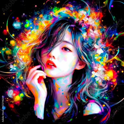 beautiful korean girl with oil paint stains pop art style