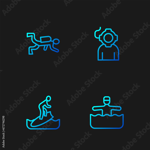 Set line Water gymnastics, Surfboard, Scuba diver and Aqualung. Gradient color icons. Vector