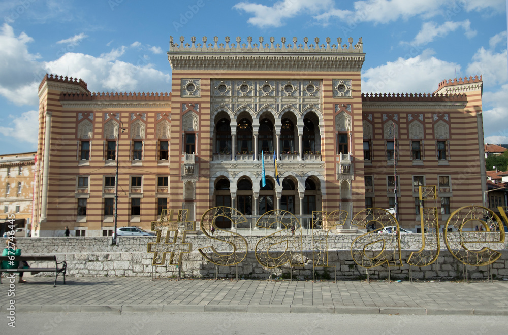 The Sarajevo City Hall, known as Vijećnica, is located in the city of Sarajevo, Bosnia and Herzegovina.