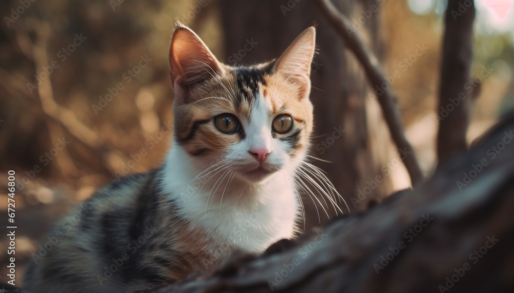 Cute striped kitten staring at camera in nature beauty generated by AI