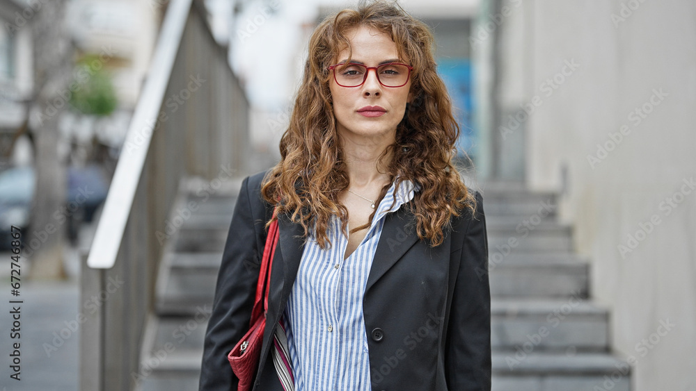 Young woman business worker with serious face at street