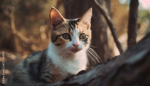 Cute striped kitten staring at camera in nature beauty generated by AI