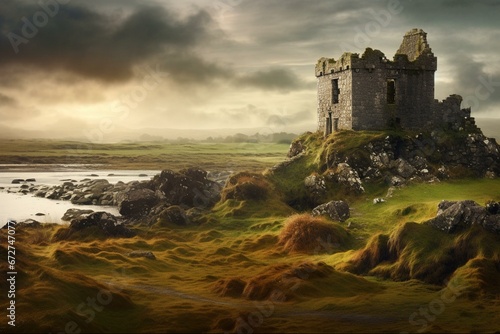 Scenic Ireland with ancient structure and magical ambiance. Generative AI