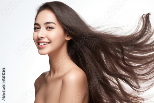 close up Beautiful woman with flowing hair isolated on white background, generative AI