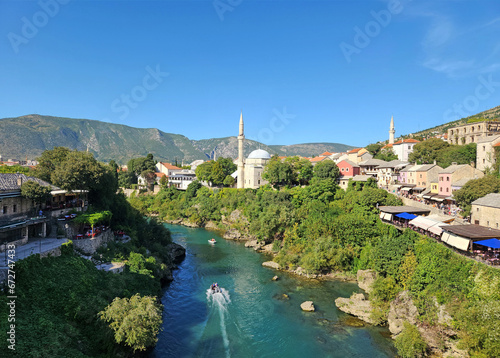 View of the old town of Mostar, the capital of Herzegovina, located on the banks of the Neretva River in Bosnia-Herzegovina.