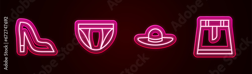 Set line Woman shoe, Men underpants, Elegant women hat and Skirt. Glowing neon icon. Vector