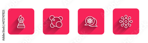 Set line Alcohol or spirit burner, Molecule, Atom and Virus with long shadow. Red square button. Vector