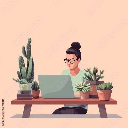 tech illustration, woman working at desk  simple minimal.generate ai