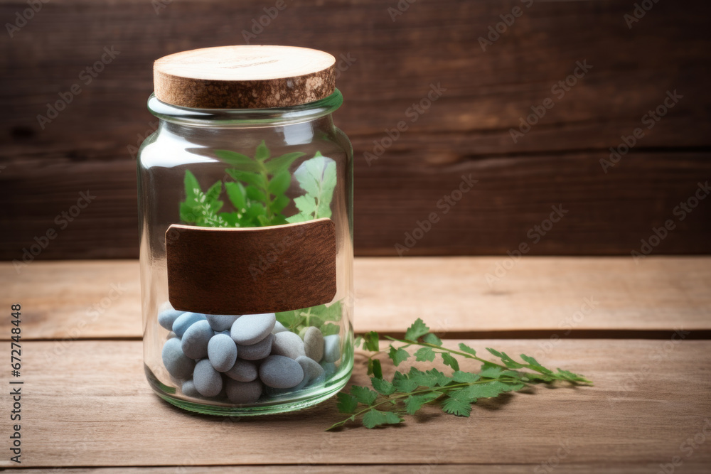Mental health - glass jar sealed with a cork, containing blue pills and green herbs on a wooden table against wooden wall background. Mental health - glass jar sealed with a cork, containing blue pills and green herbs on a wooden table against wooden wall background.