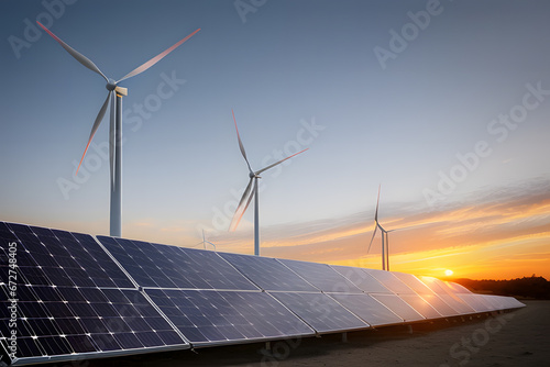 Renewable energy concept. windmil and solar cell panel on blue sky during the sunset