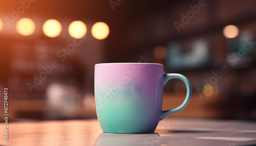 Coffee cup on wood desk  defocused background  caffeine relaxation generated by AI