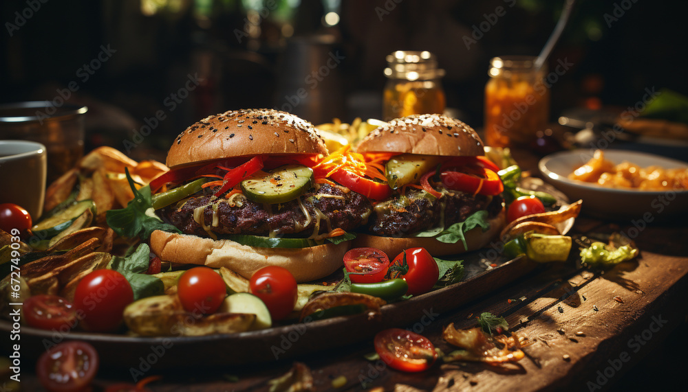Grilled beef burger with fresh vegetables, homemade bun, and fries generated by AI Grilled beef burger with fresh vegetables, homemade bun, and fries generated by AI