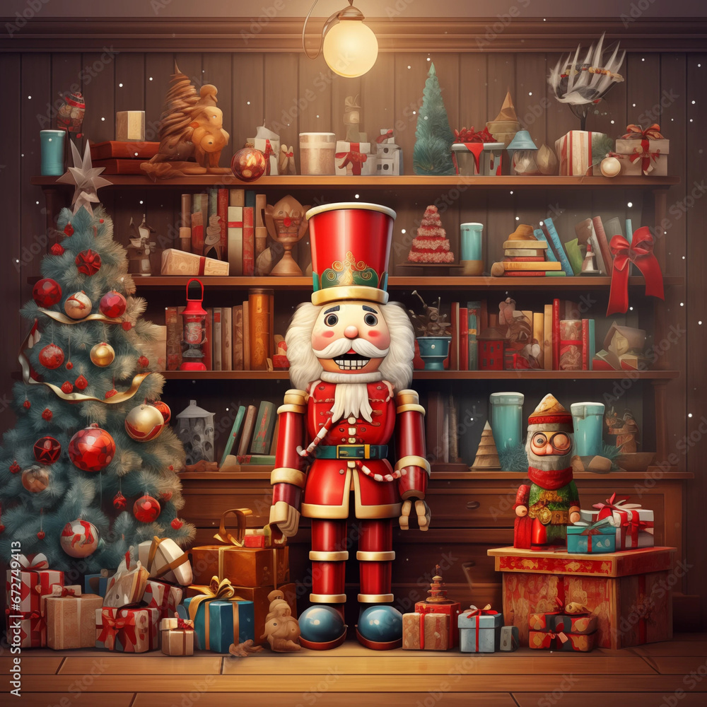 Christmas toy store illustration with a nutcracker
